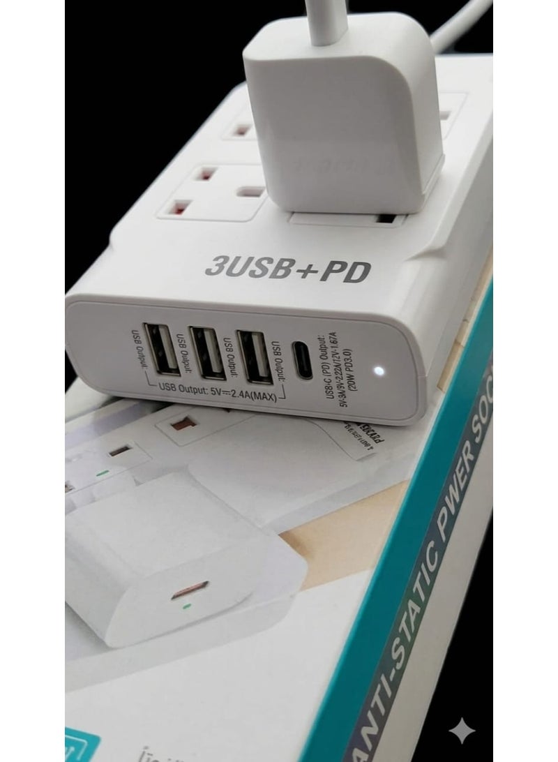PowerMax 2500W Power Extension Strip 4 Sockets with 3 USB + 1 Type-C Fast Charging Ports, Heavy-Duty 3 Meter 100-240V - Image 2