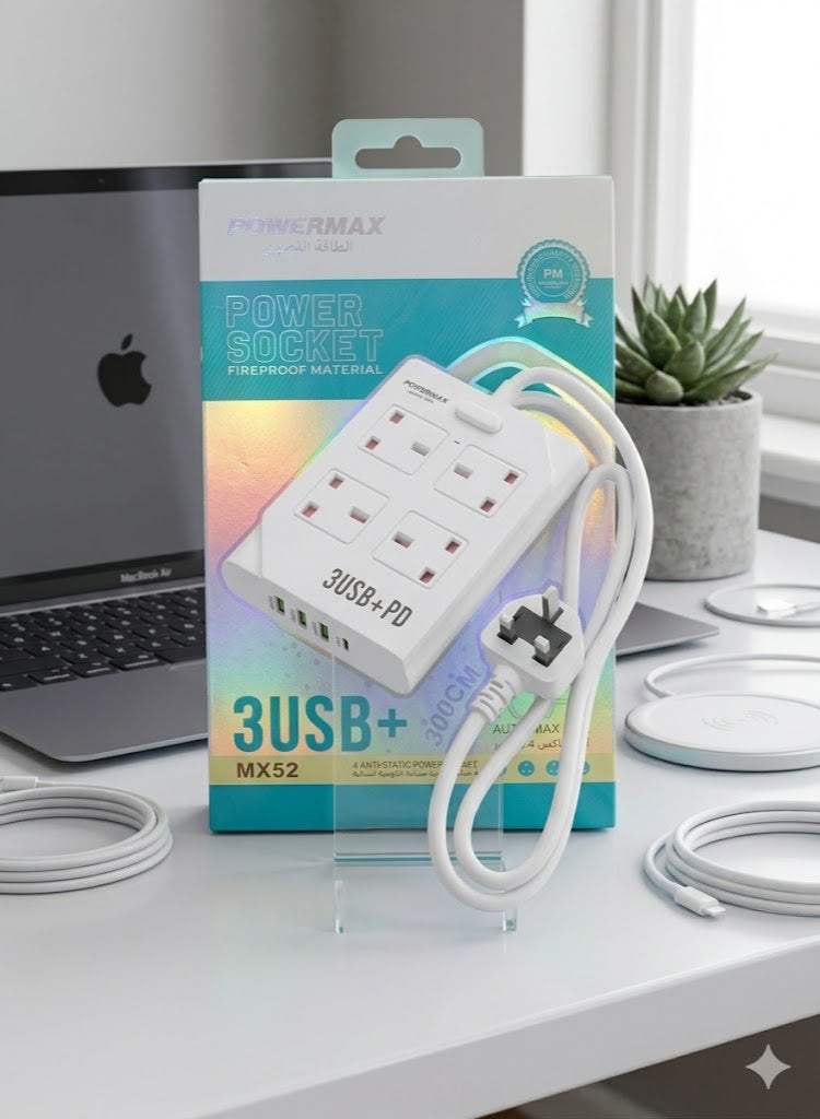 PowerMax 2500W Power Extension Strip 4 Sockets with 3 USB + 1 Type-C Fast Charging Ports, Heavy-Duty 3 Meter 100-240V - Image 4