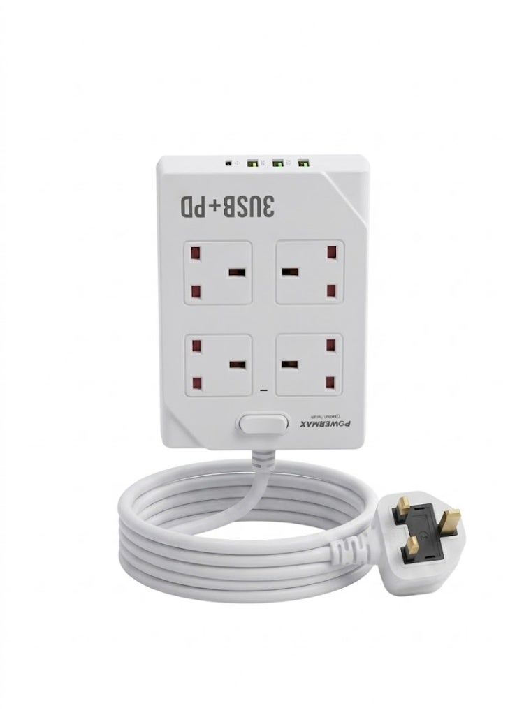 PowerMax 2500W Power Extension Strip 4 Sockets with 3 USB + 1 Type-C Fast Charging Ports, Heavy-Duty 3 Meter 100-240V - Image 1
