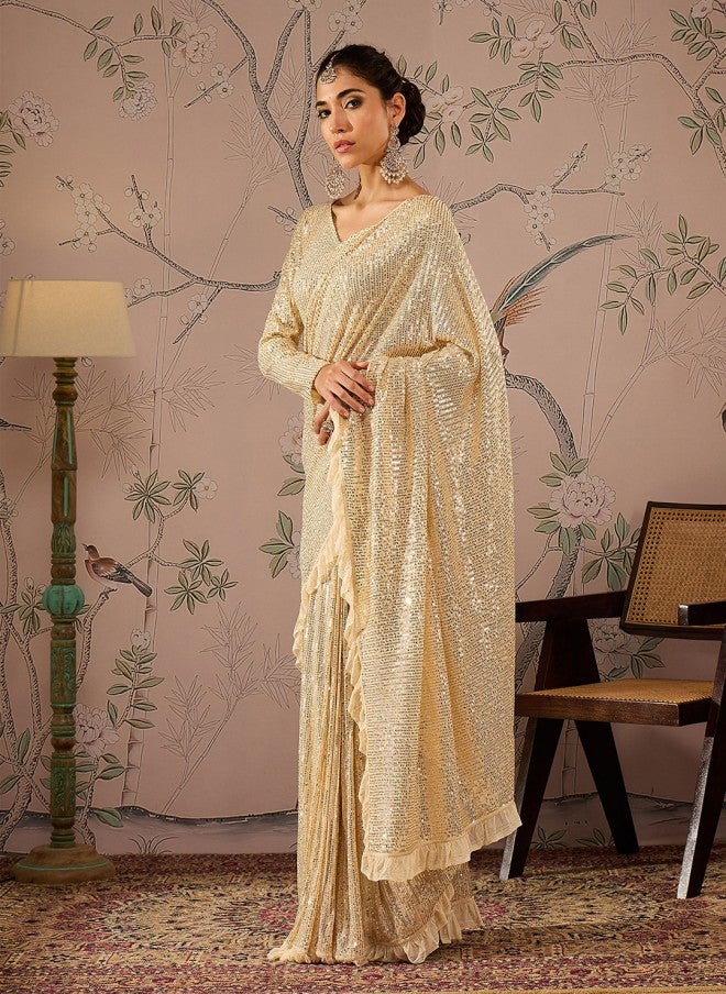 SASSAFRAS Embellished Gold Sequinned Saree for Women - Image 3