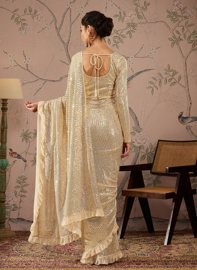 SASSAFRAS Embellished Gold Sequinned Saree for Women - Image 4