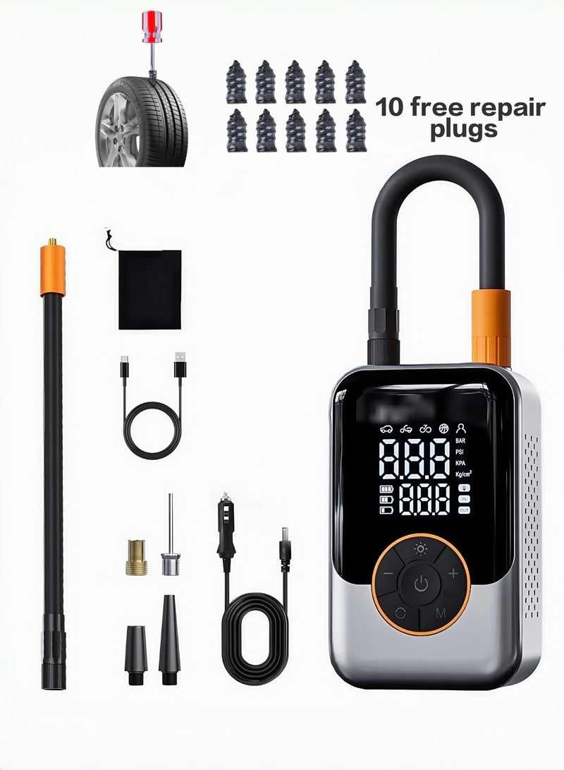 Digital Car Tyre Inflator Air Compressor,  Tire Inflator With 3000mAh Battery Power Bank/Auto Stop/LED Light/LCD Screen, 150 PSI Fast Inflation Cordless Air Pump，10 Tire Repair Plugs Included - Image 1