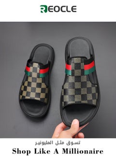 REOCLE Men's Leather Slippers Summer Beach Shoes Breathable Flat Sandals Casual Sandals Decorated with a Classic Pattern  - Image 1