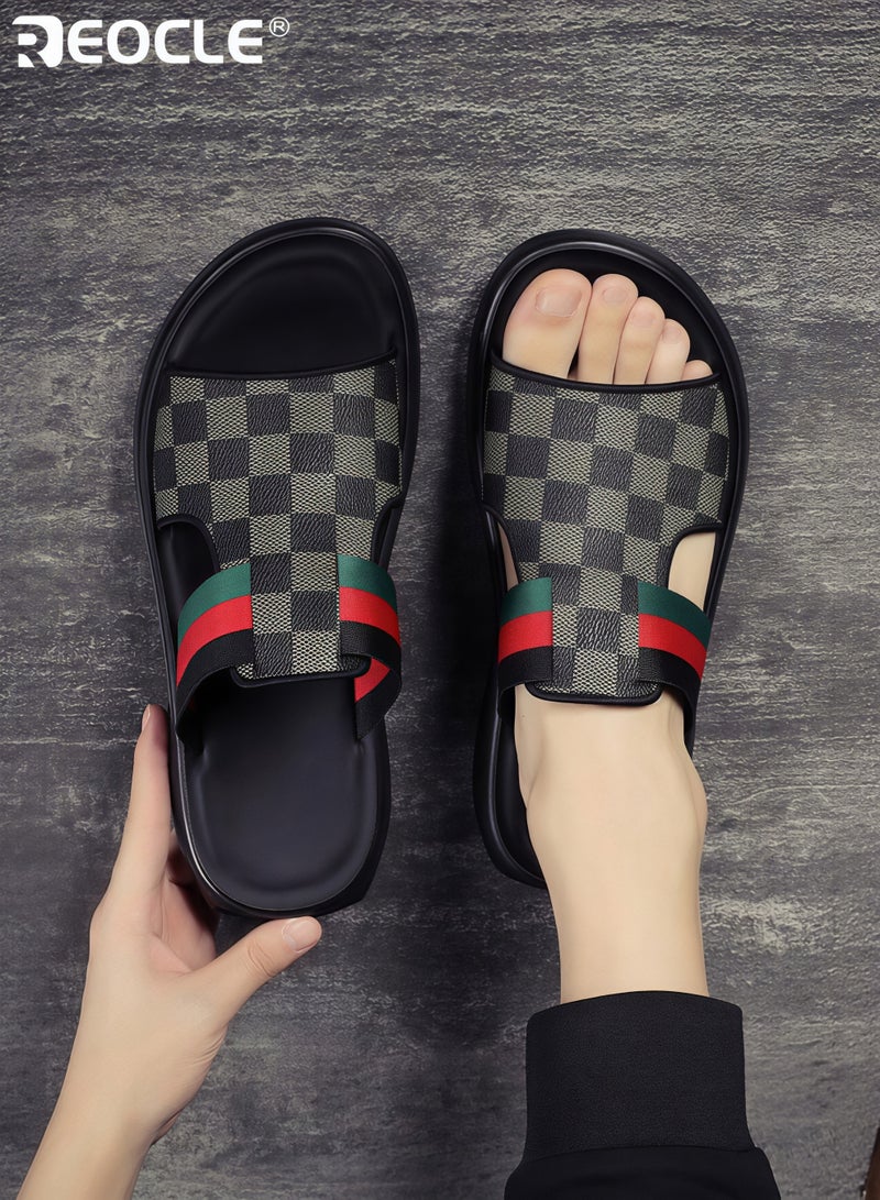 REOCLE Men's Leather Slippers Summer Beach Shoes Breathable Flat Sandals Casual Sandals Decorated with a Classic Pattern - Image 2