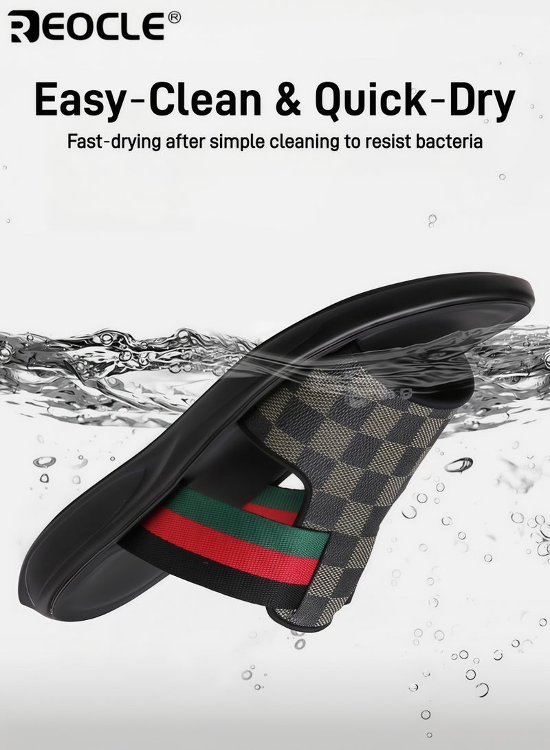 REOCLE Men's Leather Slippers Summer Beach Shoes Breathable Flat Sandals Casual Sandals Decorated with a Classic Pattern - Image 4