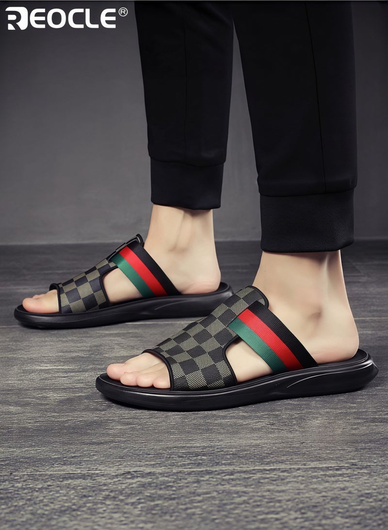 REOCLE Men's Leather Slippers Summer Beach Shoes Breathable Flat Sandals Casual Sandals Decorated with a Classic Pattern - Image 1