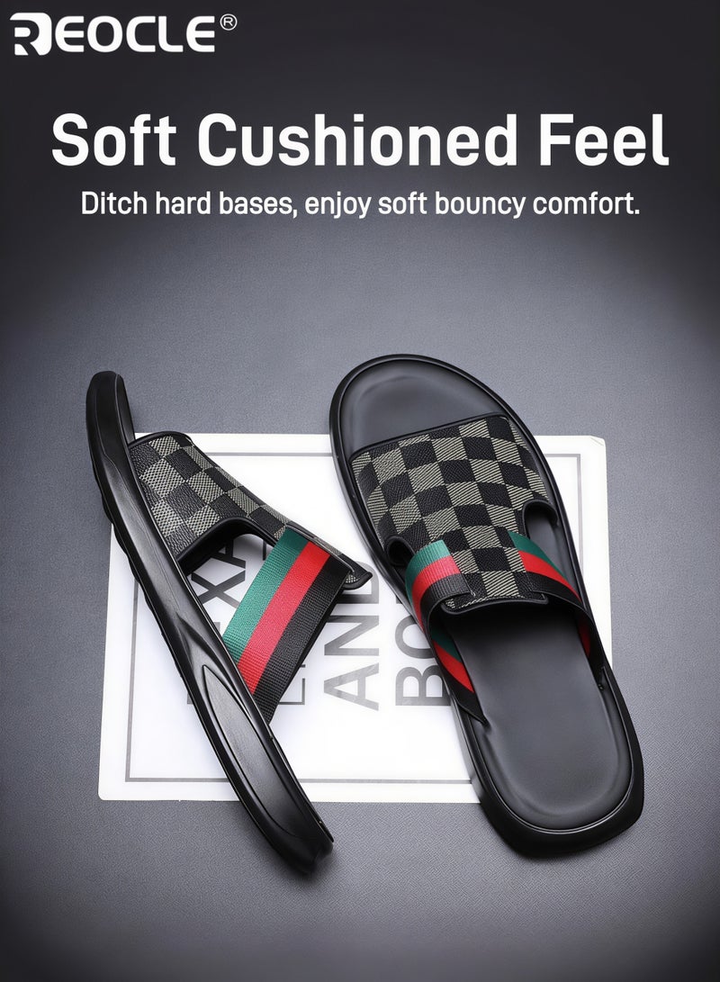 REOCLE Men's Leather Slippers Summer Beach Shoes Breathable Flat Sandals Casual Sandals Decorated with a Classic Pattern - Image 3