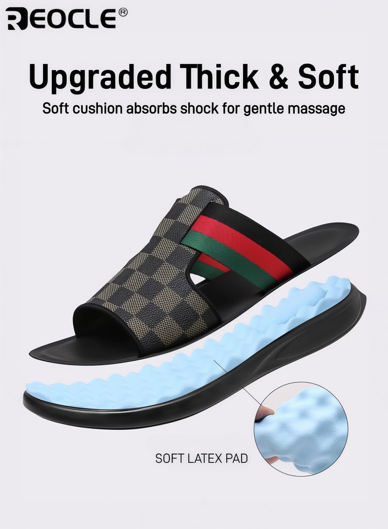 REOCLE Men's Leather Slippers Summer Beach Shoes Breathable Flat Sandals Casual Sandals Decorated with a Classic Pattern - Image 5