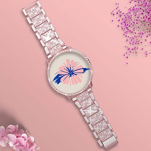 Mosonio Compatible with Samsung Galaxy Watch 5 Band/Samsung Galaxy Watch 4 Band, 20 mm Rose Pink Bling Galaxy Watch Band with 44 mm Cover Case, Jewelry Metal Wristband for Women（Rose Pink,44 mm） - Image 3