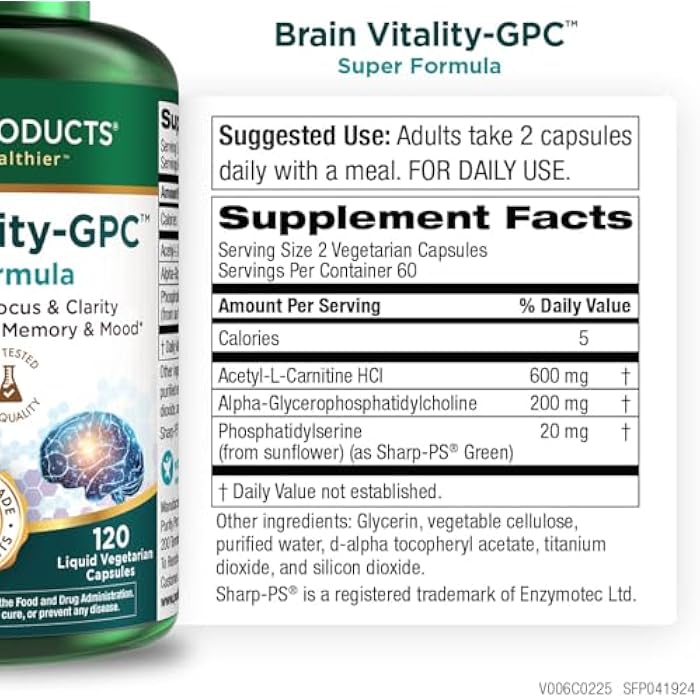 Purity Products Brain Vitality-GPC Super Formula Acetyl L-Carnitine HCI + Alpha GPC + Phosphatidlyserine - Supports Normal Concentration and Mental Clarity - 120 Caps - Image 2
