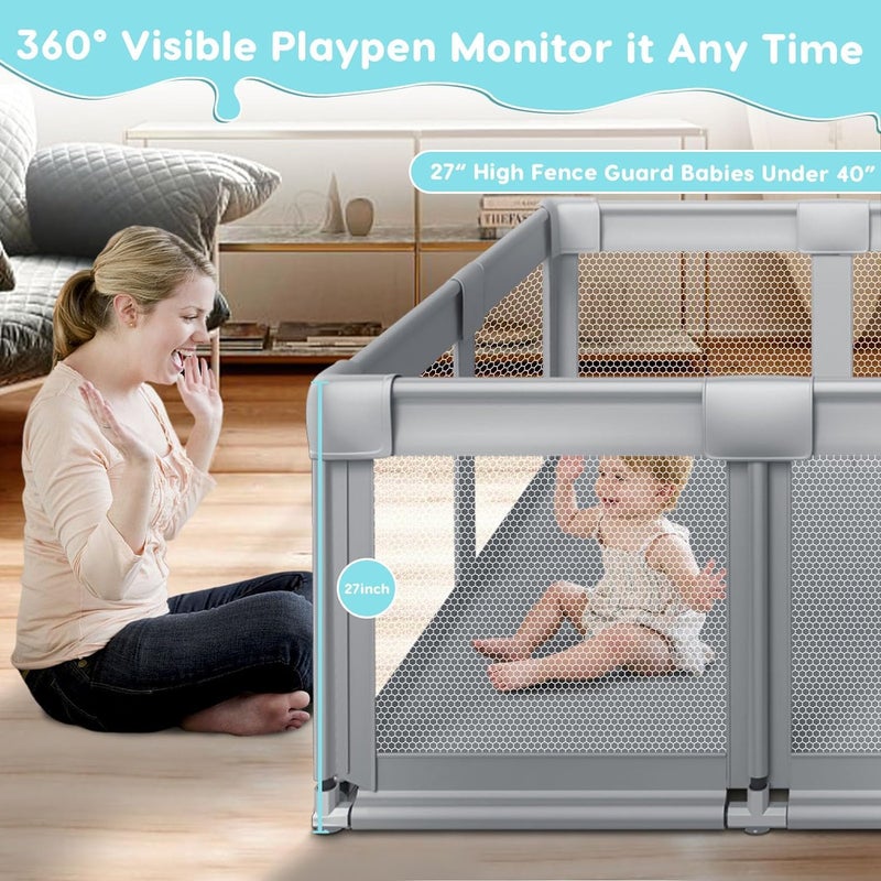 Fshibila 74" ×50" Large Baby Playpen, Baby Playard for Babies and Toddlers, Baby Fence Play Pens for Indoor & Outdoor, Sturdy Safety Play Yard with Soft Breathable Mesh, Anti-Fall, Grey - Image 3