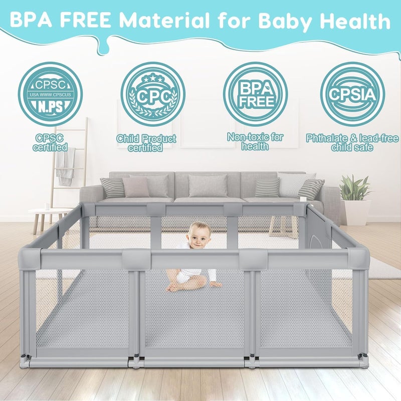 Fshibila 74" ×50" Large Baby Playpen, Baby Playard for Babies and Toddlers, Baby Fence Play Pens for Indoor & Outdoor, Sturdy Safety Play Yard with Soft Breathable Mesh, Anti-Fall, Grey - Image 5