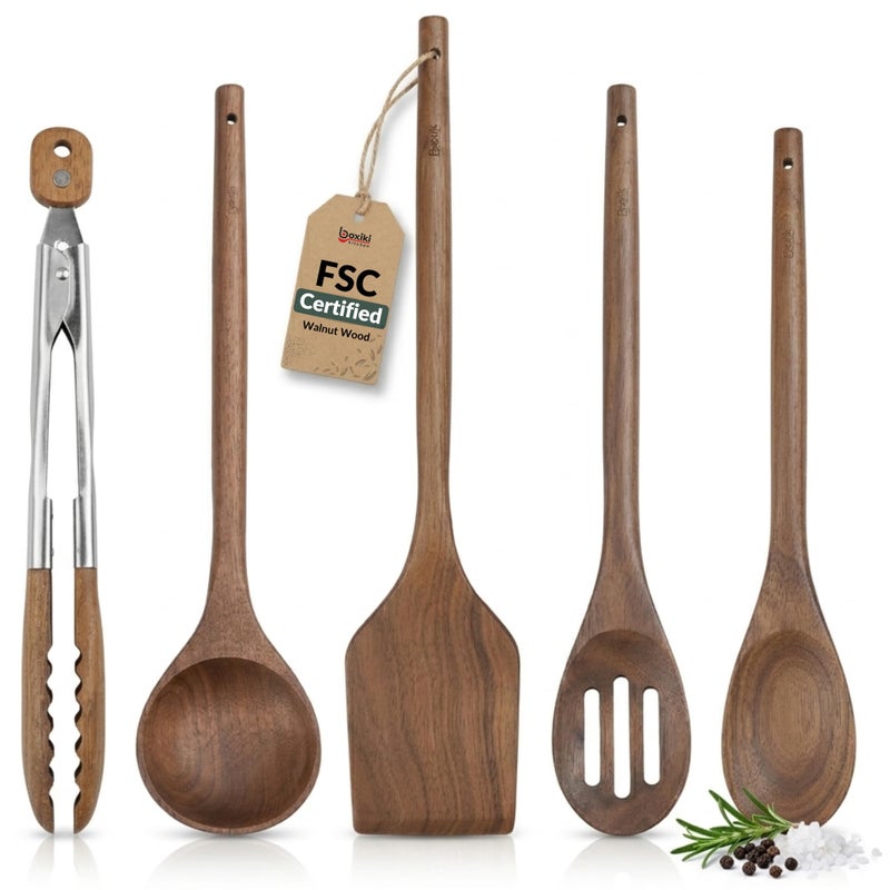 Boxiki Kitchen Elegant 5Piece Walnut Wood Kitchen Utensil Set NonScratch HeatResistant Cooking Utensil Set with Kitchen Tongs Spoons Spatula Ladle Lightweight Durable Perfect for Daily Use or Gifting - Image 2