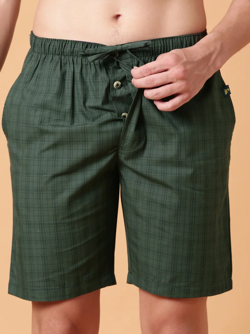 Joven Forest Green JOVEN Men Checked Cotton Lounge Shorts  | Best Price UAE