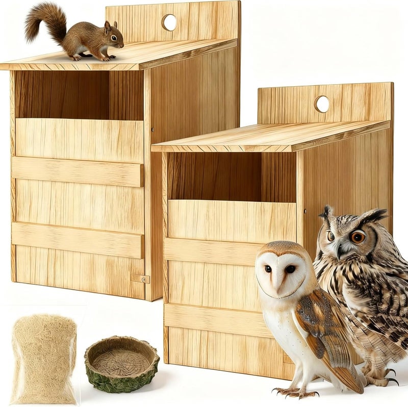 AceOrbit 2 Sets Owl House Screech Owl Nesting Box for Outside 15.4 Inch Carbonized Wooden Bird Box Opening Easy Assemble Bird Shelter with Water Bowl and Wood Shavings for Outdoor Screech Barn - Image 1