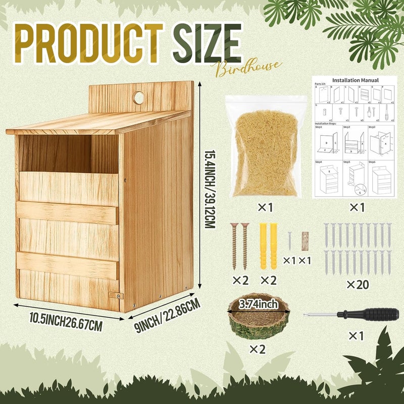 AceOrbit 2 Sets Owl House Screech Owl Nesting Box for Outside 15.4 Inch Carbonized Wooden Bird Box Opening Easy Assemble Bird Shelter with Water Bowl and Wood Shavings for Outdoor Screech Barn - Image 2