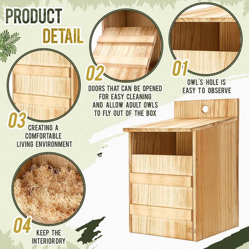 AceOrbit 2 Sets Owl House Screech Owl Nesting Box for Outside 15.4 Inch Carbonized Wooden Bird Box Opening Easy Assemble Bird Shelter with Water Bowl and Wood Shavings for Outdoor Screech Barn - Image 3