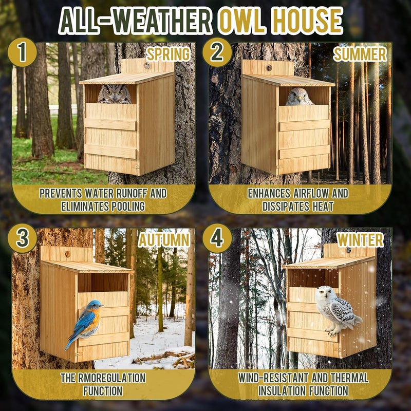 AceOrbit 2 Sets Owl House Screech Owl Nesting Box for Outside 15.4 Inch Carbonized Wooden Bird Box Opening Easy Assemble Bird Shelter with Water Bowl and Wood Shavings for Outdoor Screech Barn - Image 5