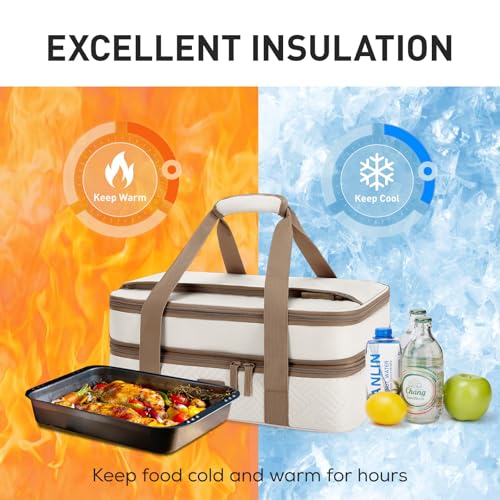 TOURIT Double Decker Insulated Casserole Carrier for Hot or Cold Food Expandable Thermal Food Carrier for Picnic Cookouts Potluck Parties Fits 9" x 13" Baking Dish - Image 3