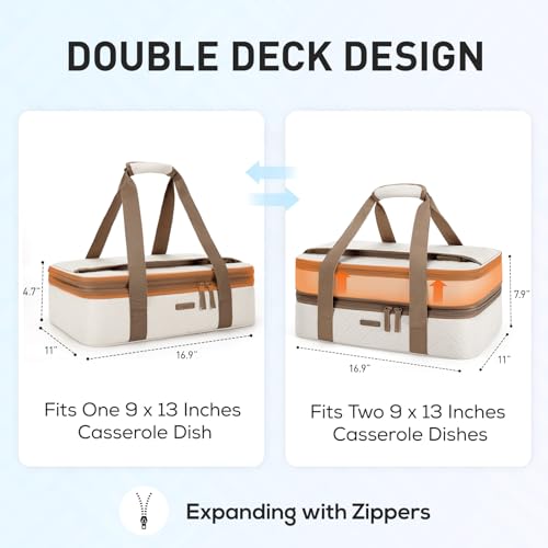 TOURIT Double Decker Insulated Casserole Carrier for Hot or Cold Food Expandable Thermal Food Carrier for Picnic Cookouts Potluck Parties Fits 9" x 13" Baking Dish - Image 2