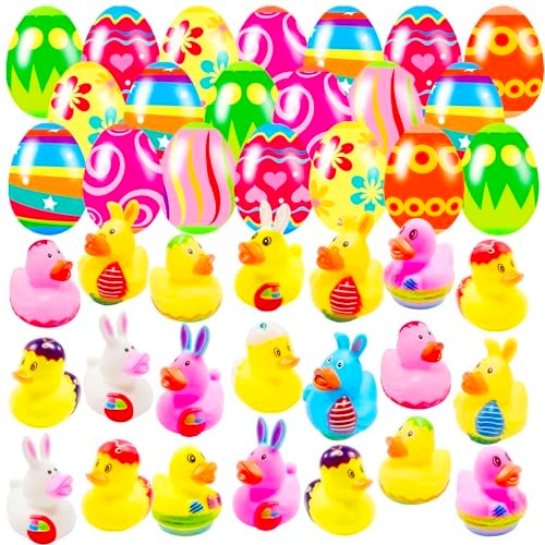 Holydeck 20 Pcs Prefilled Easter Eggs with Rubber Ducks Bright Colorful Easter Eggs Prefilled with Variety Bunny Duckies for Kids Easter Basket Stuffers and Party Favors - Image 1