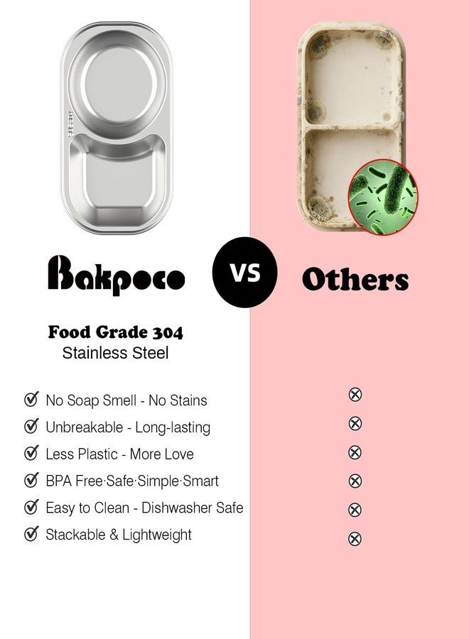 Bakpoco 2PCS Stainless Steel Toddler Plates with 2 Dividers, Kids Plates for Snack Portion Control, Small Divided Plate for Baby Feeding & Adults Camping, Non-toxic Dishwasher Safe Metal Dish - Image 4