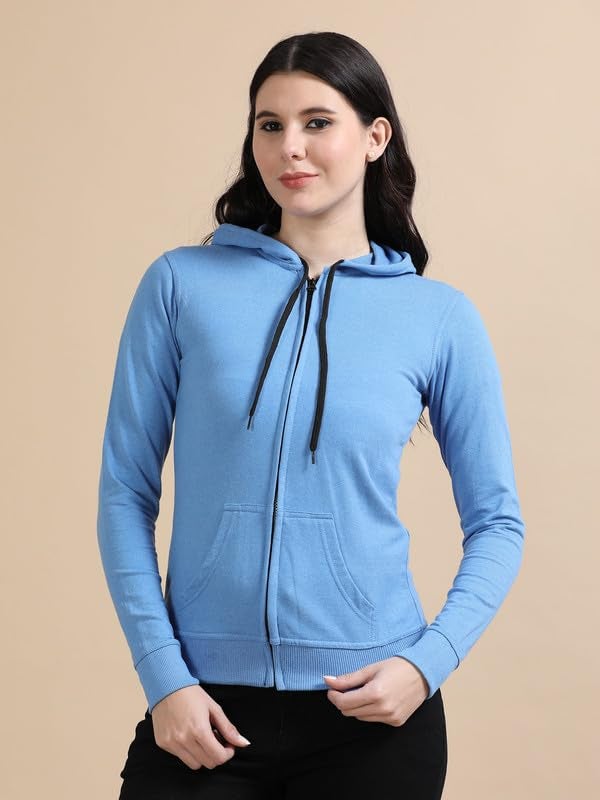 Wafaa Women's Cotton Plain Hooded Neck Full Zipper Sky Blue Color Regular Fit Sweatshirt Hoodies with Kangaroo Pocket 3XL Size - Image 4