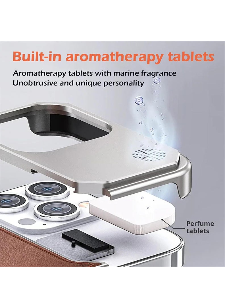 Case Up حافظة جلدية من سبائك الألمنيوم للطائرات لجهاز iPhone 16 Pro Max، حافظة معدنية رفيعة، حافظة هاتف خفيفة الوزن، متوافقة مع Magsafe، مع موزع عطر مدمج، فضي تيتانيوم - Image 3