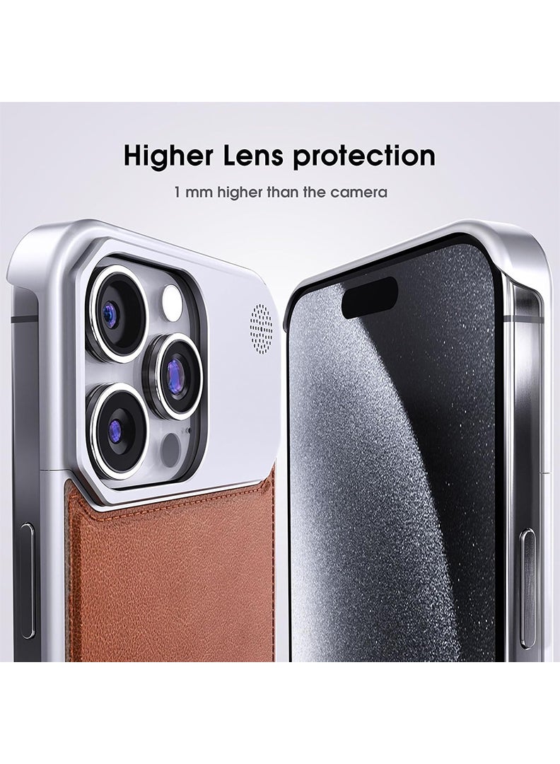 Case Up حافظة جلدية من سبائك الألمنيوم للطائرات لجهاز iPhone 16 Pro Max، حافظة معدنية رفيعة، حافظة هاتف خفيفة الوزن، متوافقة مع Magsafe، مع موزع عطر مدمج، فضي تيتانيوم - Image 2