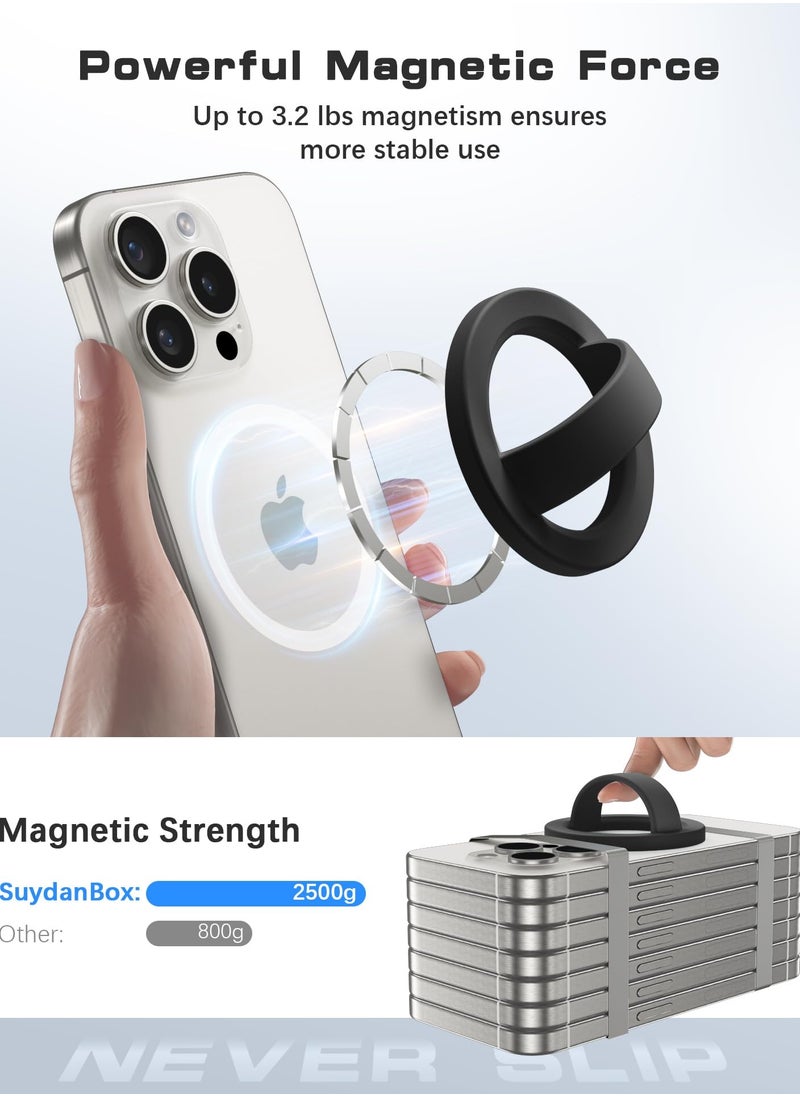 سويدانبوكس - قبضة مغناطيسية للهاتف، متوافقة مع MagSafe، حلقة قابلة للإزالة مع حزام إصبع سيليكون ناعم، حامل حلقة للهاتف خلف الجهاز لآيفون 15/14/13/12 برو ماكس/بلس (أسود) - Image 1