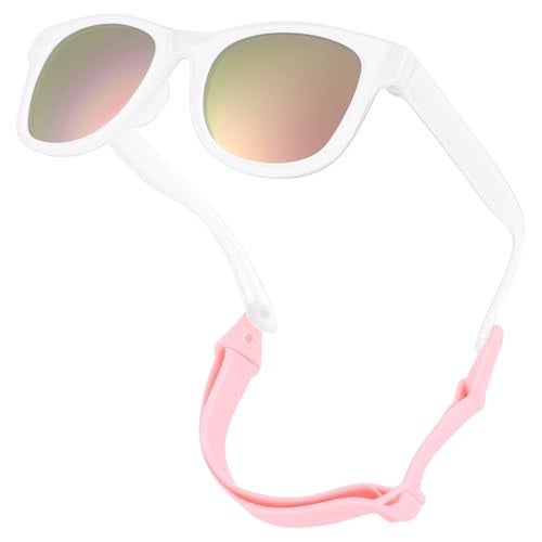GLARDEFE Polarized Baby Sunglasses with Strap - Unbreakable Flexible Infant Sunglasses for Newborn Toddler Girls Boys Age 0-12 Months(Jelly White/Pink Mirror) - Image 1