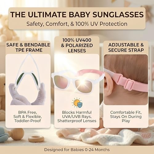 GLARDEFE Polarized Baby Sunglasses with Strap - Unbreakable Flexible Infant Sunglasses for Newborn Toddler Girls Boys Age 0-12 Months(Jelly White/Pink Mirror) - Image 3