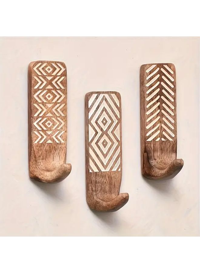 3 Piece Set Wooden Wall Hooks No Drill Installation Rustic Boho Decor for Bathroom - Image 1