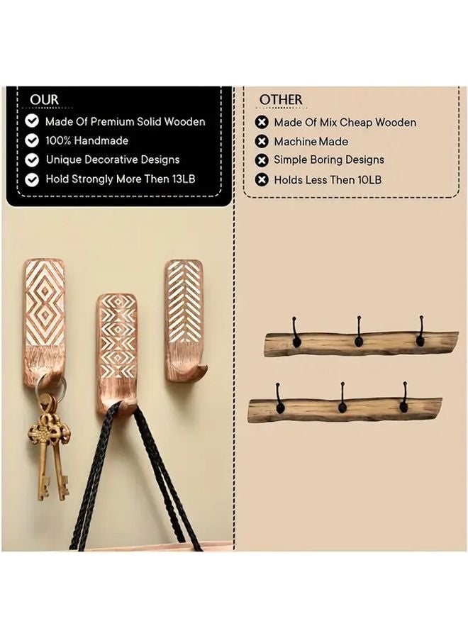 3 Piece Set Wooden Wall Hooks No Drill Installation Rustic Boho Decor for Bathroom - Image 3