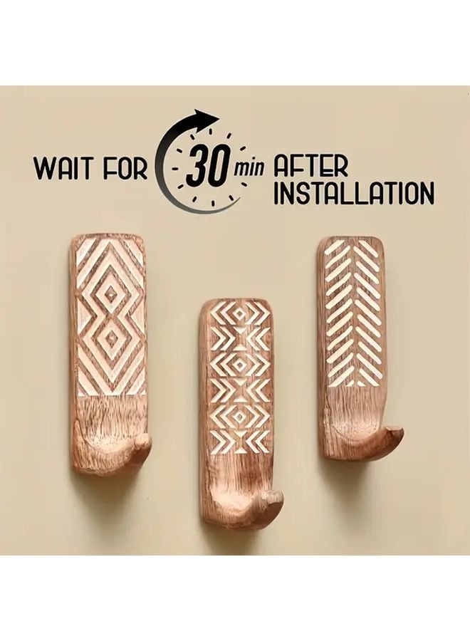 3 Piece Set Wooden Wall Hooks No Drill Installation Rustic Boho Decor for Bathroom - Image 5