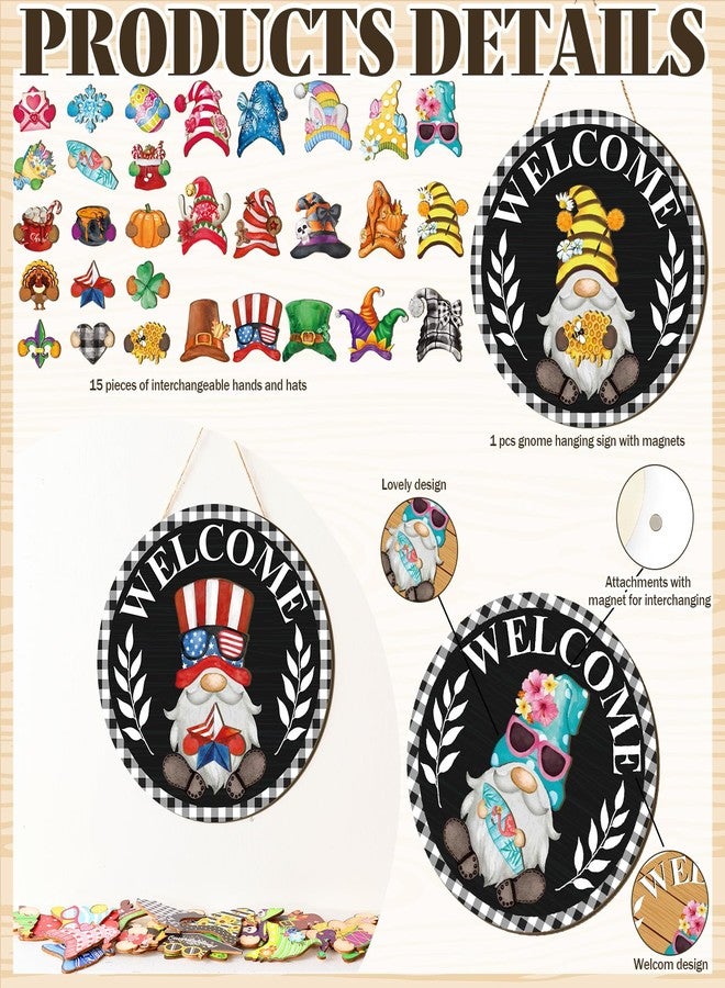 Qunclay Interchangeable Wooden Gnome Decor Holiday Seasonal Gnome Decorations with Magnet Pieces and Detachable Hats Changeable Welcome Sign for Home (Black Watercolor) - Image 3