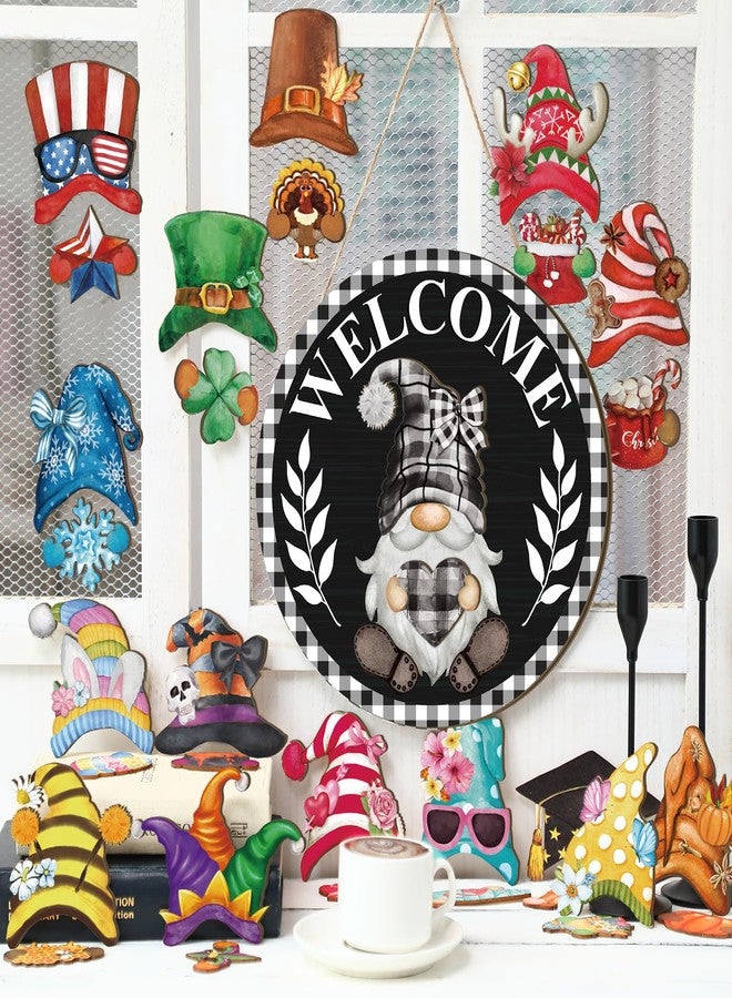Qunclay Interchangeable Wooden Gnome Decor Holiday Seasonal Gnome Decorations with Magnet Pieces and Detachable Hats Changeable Welcome Sign for Home (Black Watercolor) - Image 5