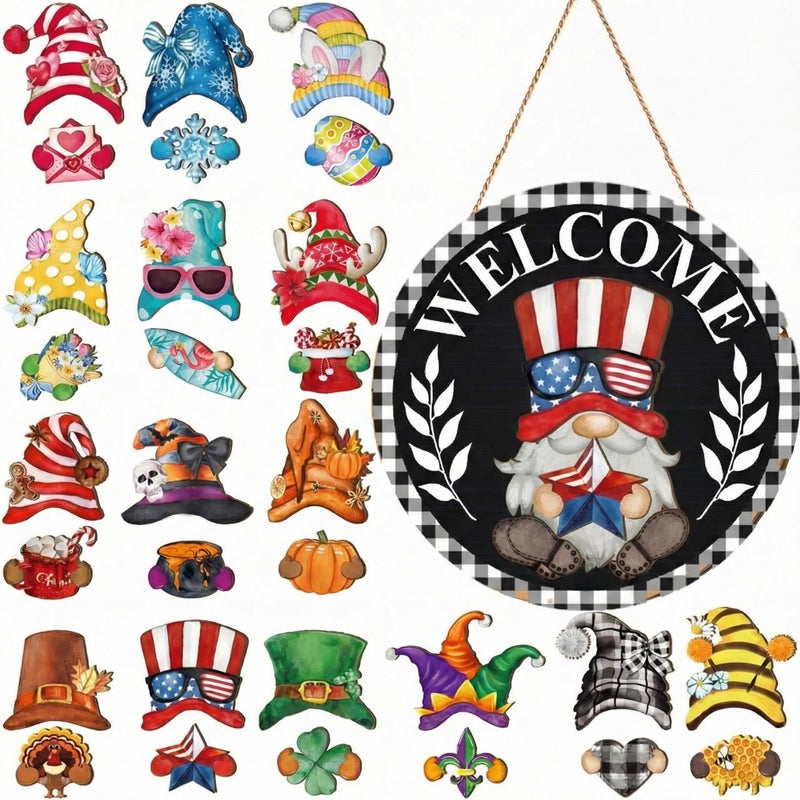 Qunclay Interchangeable Wooden Gnome Decor Holiday Seasonal Gnome Decorations with Magnet Pieces and Detachable Hats Changeable Welcome Sign for Home (Black Watercolor) - Image 1