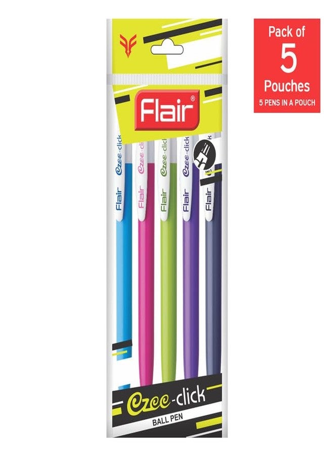Flair Ezee Click Ball Pen Pouch Pack | 0.7 to 1 mm Tip Size | Retractable Mechanism With Comfortable Grip For Smooth Writing | Different Playful Body Colors | Blue Ink, Set Of 5 Pens x Pack Of 5 - Image 2