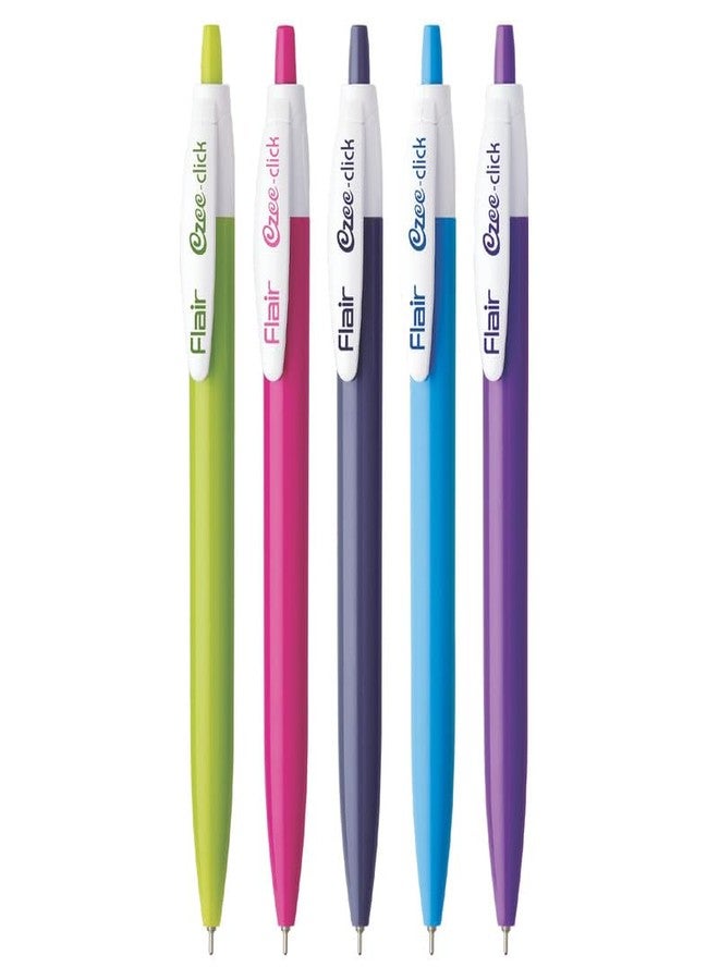 Flair Ezee Click Ball Pen Pouch Pack | 0.7 to 1 mm Tip Size | Retractable Mechanism With Comfortable Grip For Smooth Writing | Different Playful Body Colors | Blue Ink, Set Of 5 Pens x Pack Of 5 - Image 1