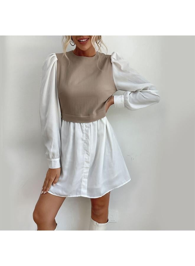 Independent Station Autumn Women's Clothing New Round Neck Puff Sleeve Contrast Color Stitching Commuter Shirt Dress