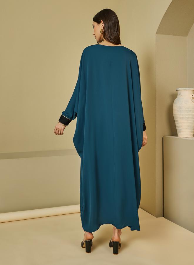 Styli Round Neck Batwing Sleeves Jalabiya with Piping Detail  - Image 4