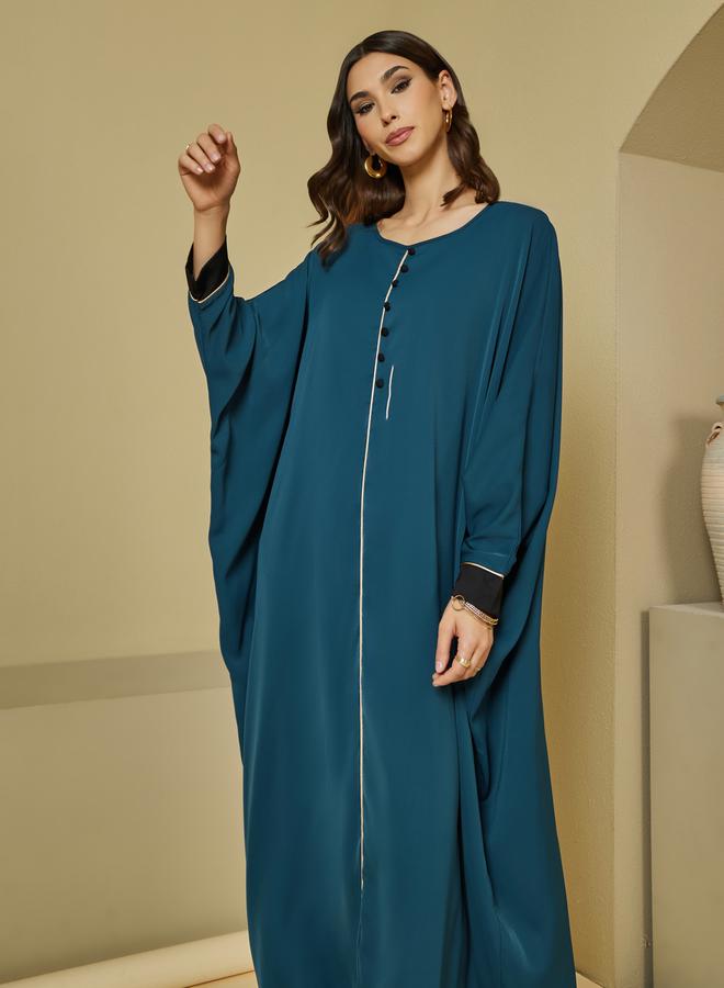 Styli Round Neck Batwing Sleeves Jalabiya with Piping Detail  - Image 2