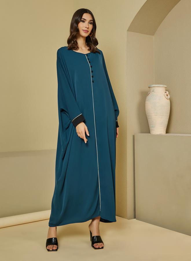 Styli Round Neck Batwing Sleeves Jalabiya with Piping Detail  - Image 1