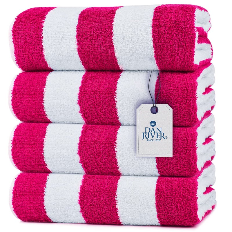 DAN RIVER 100 Rignspun Cotton Stripe Beach Towel Set  30x60 inches Pack of 4 Fuchsia  QuickDry Ultra Soft and Super Absorbent