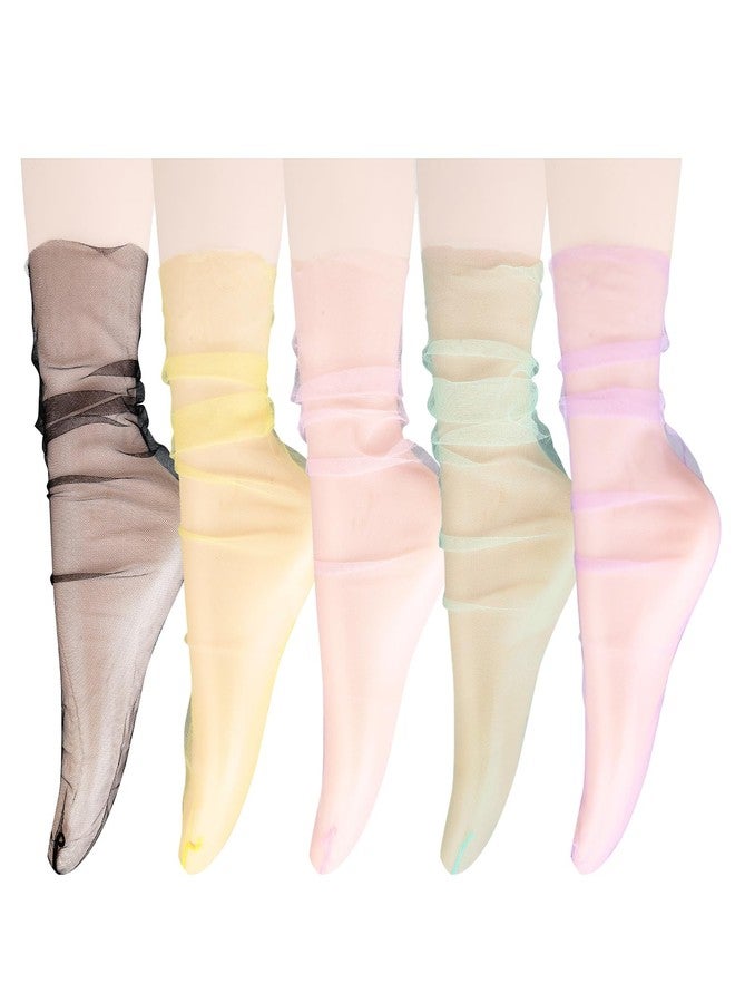 Violet Mist Women's Lace Socks Ankle High Sheer Mesh Slouch for Women Girls Cute Tulle Lace Loose Transparent Dress Socks Decorated, Solid Color-5pack - Image 1