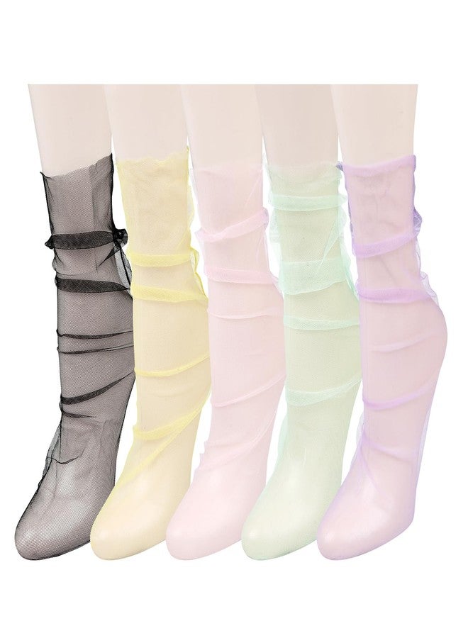 Violet Mist Women's Lace Socks Ankle High Sheer Mesh Slouch for Women Girls Cute Tulle Lace Loose Transparent Dress Socks Decorated, Solid Color-5pack - Image 5