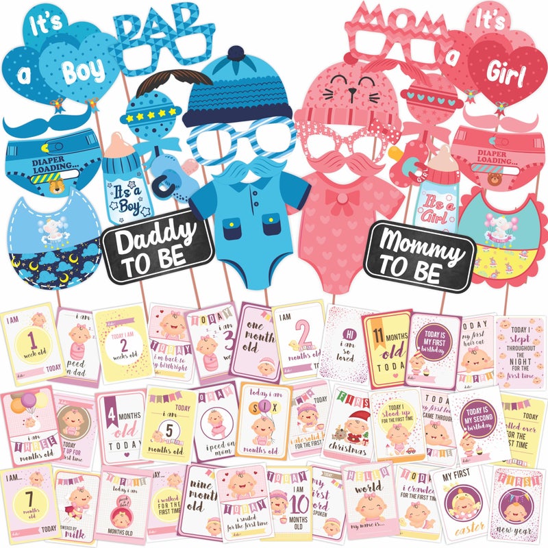 Wobbox Baby Shower Decoration Items| Baby Shower Photo Booth Props for Photoshoot, Baby Shower Milestone Card, Mom to Be Daddy to Be Decoration, Godh Bharai Decoration Kit-(FP350) - Image 1