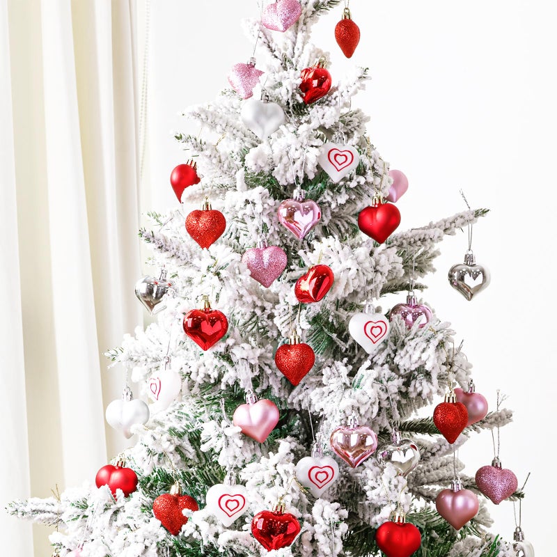Ivenf Valentines Day Decor Heart Decorations 48 Pcs Red Pink Silver White Plastic Heart Tree Ornaments Christmas Valentine Tree Decorations for The Home Wedding Dinner Gifts Table Tiered Tray Decor