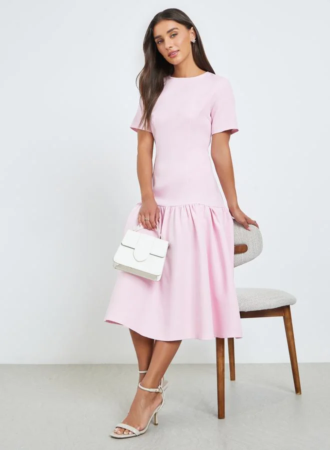 Pink Solid Drop Waist Short Sleeves Midi Dress
